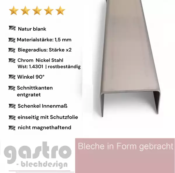 Edelstahl U-Profil blank, 1,5 mm stark, Einfassprofil